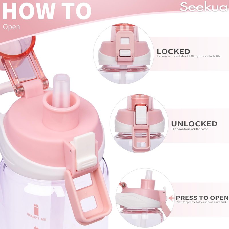 Seekua 20 oz Sports Glass Water Bottle with Straw & Time Marker, Motivational Kids Daily Glass Drinking Bottle with Strap for Children, School
