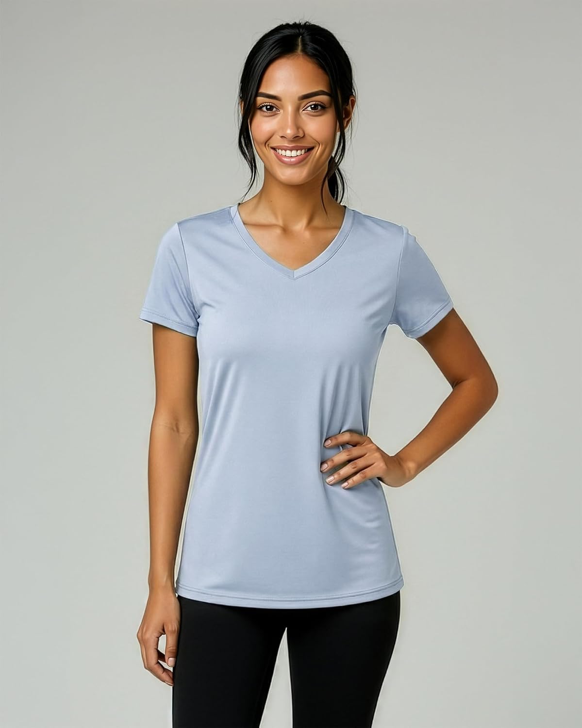 Real Essentials Women's Dry-Fit V-Neck Short Sleeve T-Shirt - 5 Pack Workout Yoga Tops | Plus Size Available