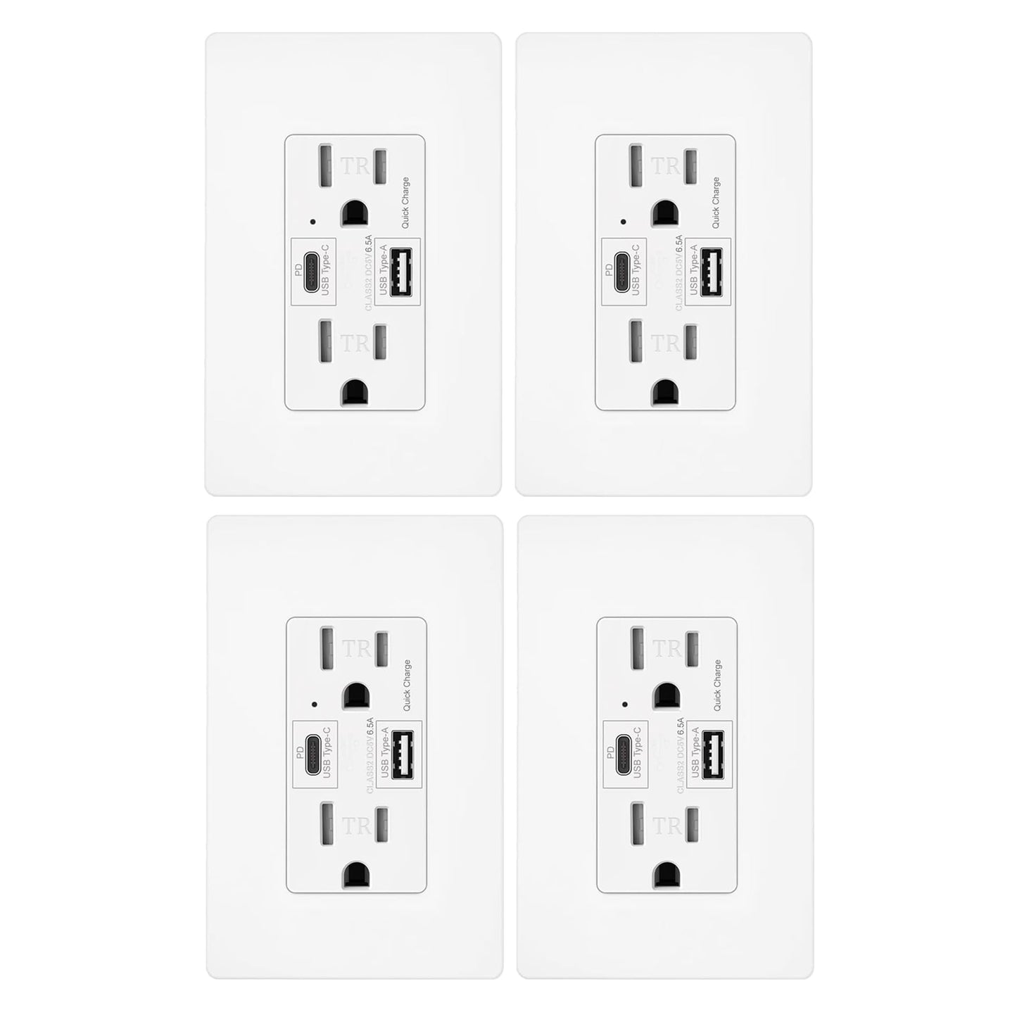 Micmi USB C Pd 65w Outlet Wall Dual High Speed Receptacle Smart Fast Charging Capability, Tamper Resistant Wall Plate Included UL Listed (4Pack, White, 65W USB c PD Outlet)