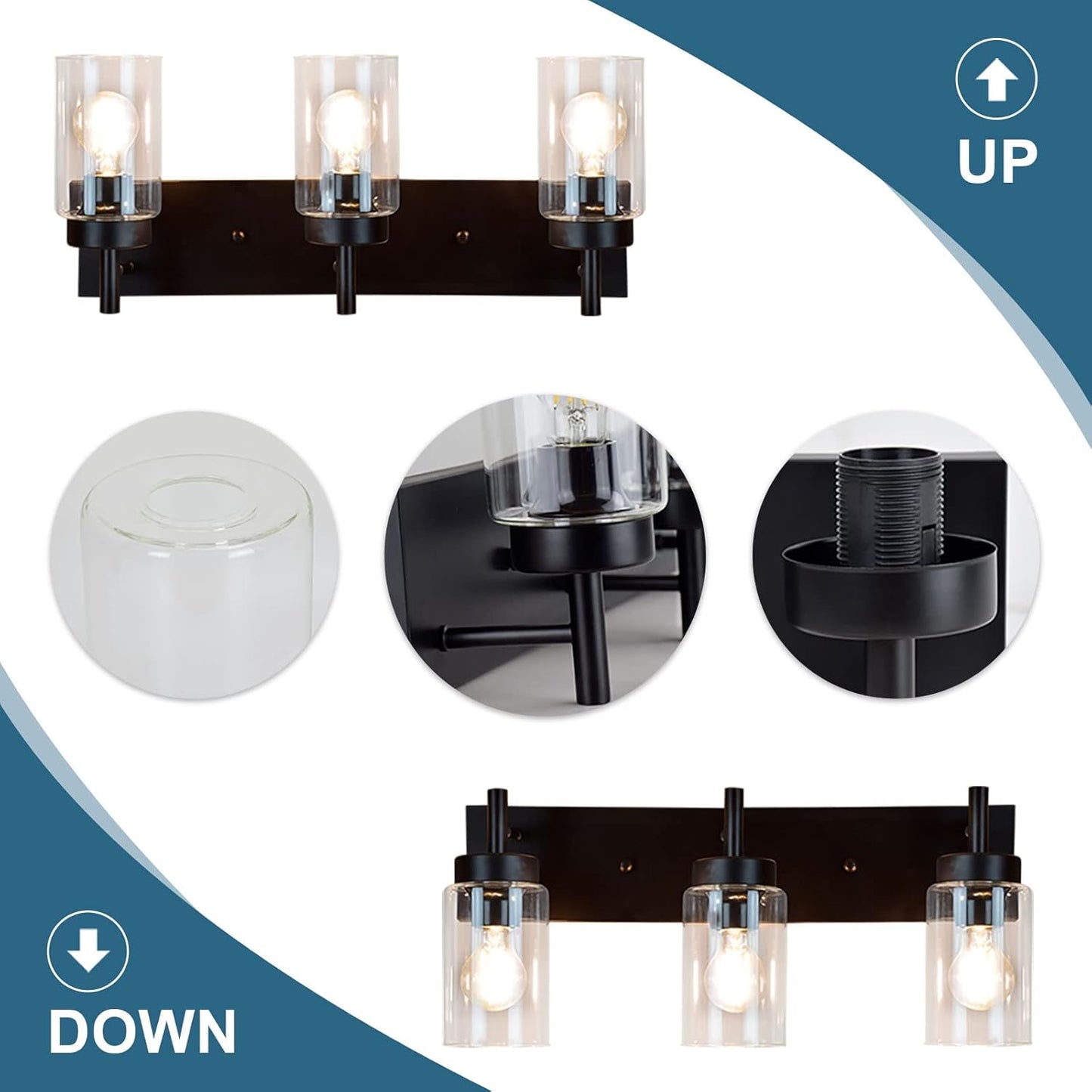 Modern Black 3-Light Bathroom Vanity Light Fixture with Clear Glass Shades - 2 Pack