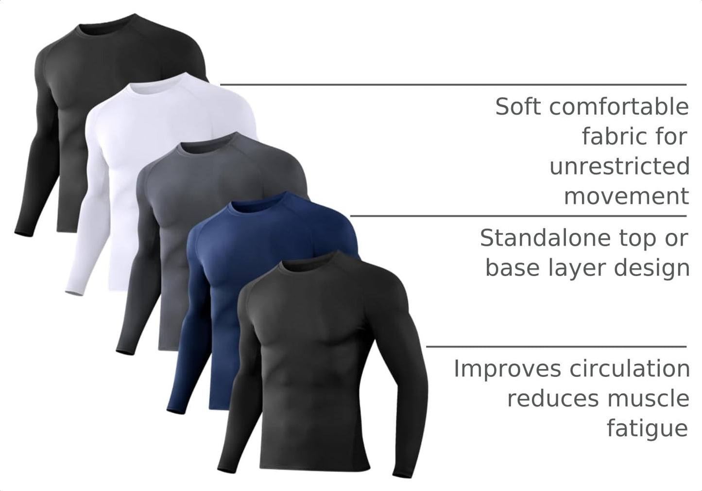 Dalavch 5 Pack Men’s Compression Shirts Long Sleeve Athletic Workout Tops