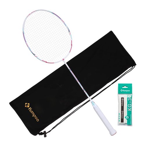 KUMPOO Badminton Racket Professional, Badminton Carbon Fiber Racket Set with Cover and Replacement Grip, 4U Pro Racquet Lightweight for Bgeinners Outdoor Games, Trainning, Exercise, White