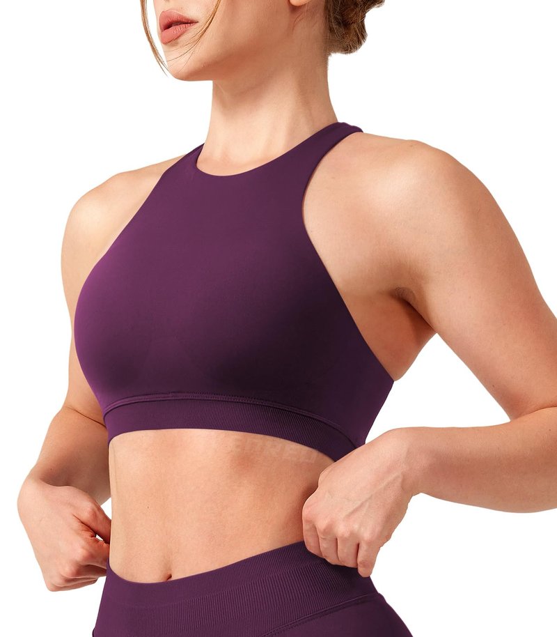 YEOREO Racerback Sports Bras for Women Padded Medium Impact Dafnien Seamless Yoga Workout Crop Tops Black Cherry M