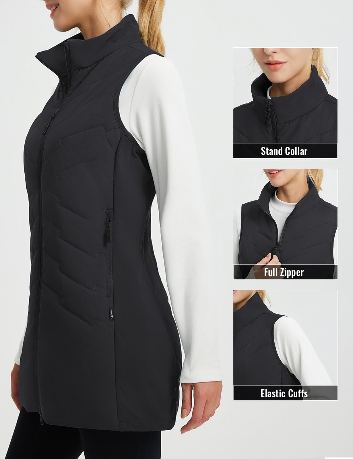 baleaf Running Vest for Women Long Puffer Fall Coat Sleeveless Jacket Outerwear Winter Warm Fleece Hybrid Lightweight Black XL