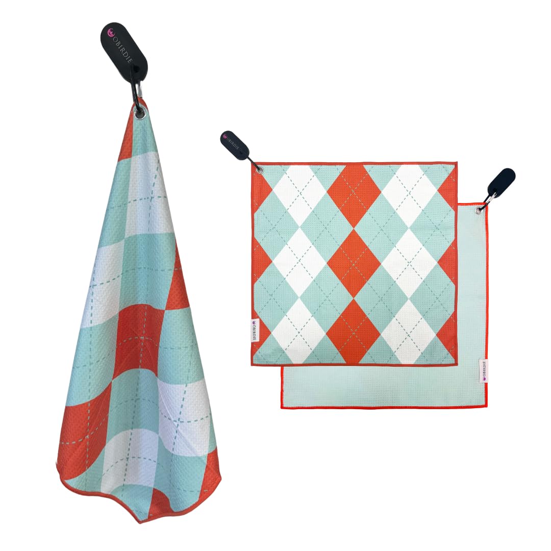 Obirdie Magnetic Golf Towel | 18"x18" Waffle Microfiber | Women's Golf Accessory | Detachable Clip | Quick-Dry, Ultra-Absorbent | Blue Orange Argyle