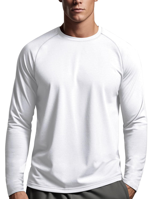 Long Sleeve Workout Shirts for Men Dry Fit(White,L)