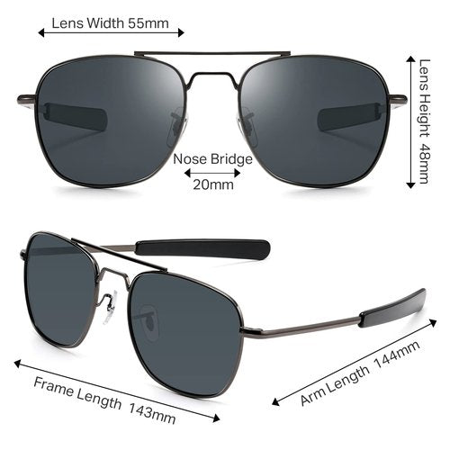 IOHLNG Mens Aviator Sunglasses Polarized Lense Square Metal Frame Military Pilot Shades 55mm with Bayonet Temples for Women,Gunmetal Frame