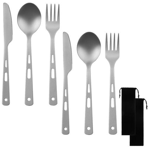 6 Pcs Pure Titanium Fork Spoon Knife Camping Utensils Set Portable Titanium Cutlery, Lightweight Travel Tableware Utensil Set with Carrying Bag for Outdoor Camping Backpacking Picnic Hiking