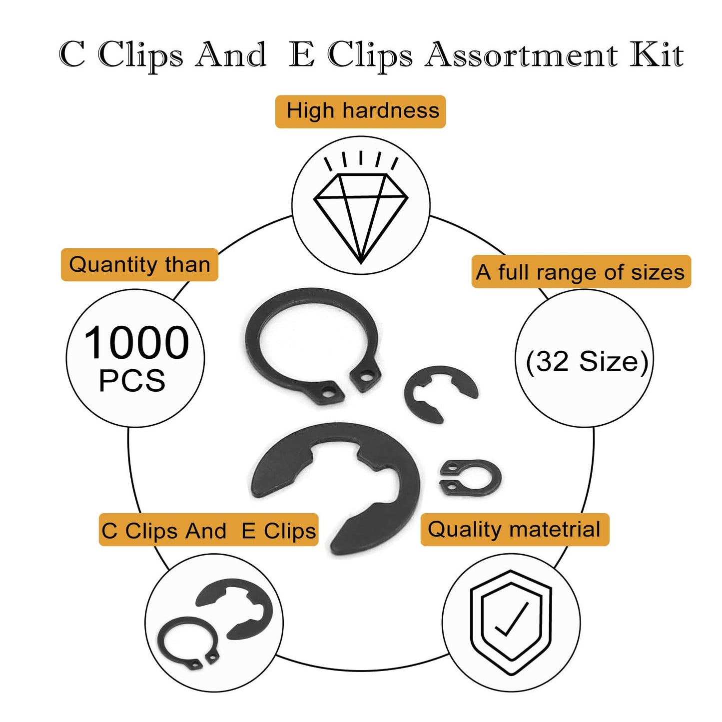 1000Pcs C Clips Assortment (M3-M28 19 Sizes) & E Clips Assortment Set (1.5mm-15mm 13 Sizes) | Black Carbon Steel Snap Rings Kit | Retaining Clip, Circlip, Fix-Rings for DIY/Industrial