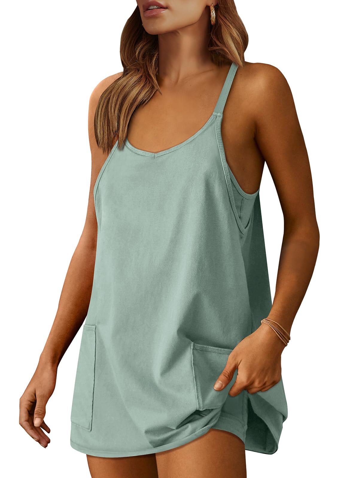 ANRABESS Women Athletic Dress Summer Tennis Workout Active Sports Mini Romper Dress Built in Shorts Travel Vacation Clothes Gray Blue Large