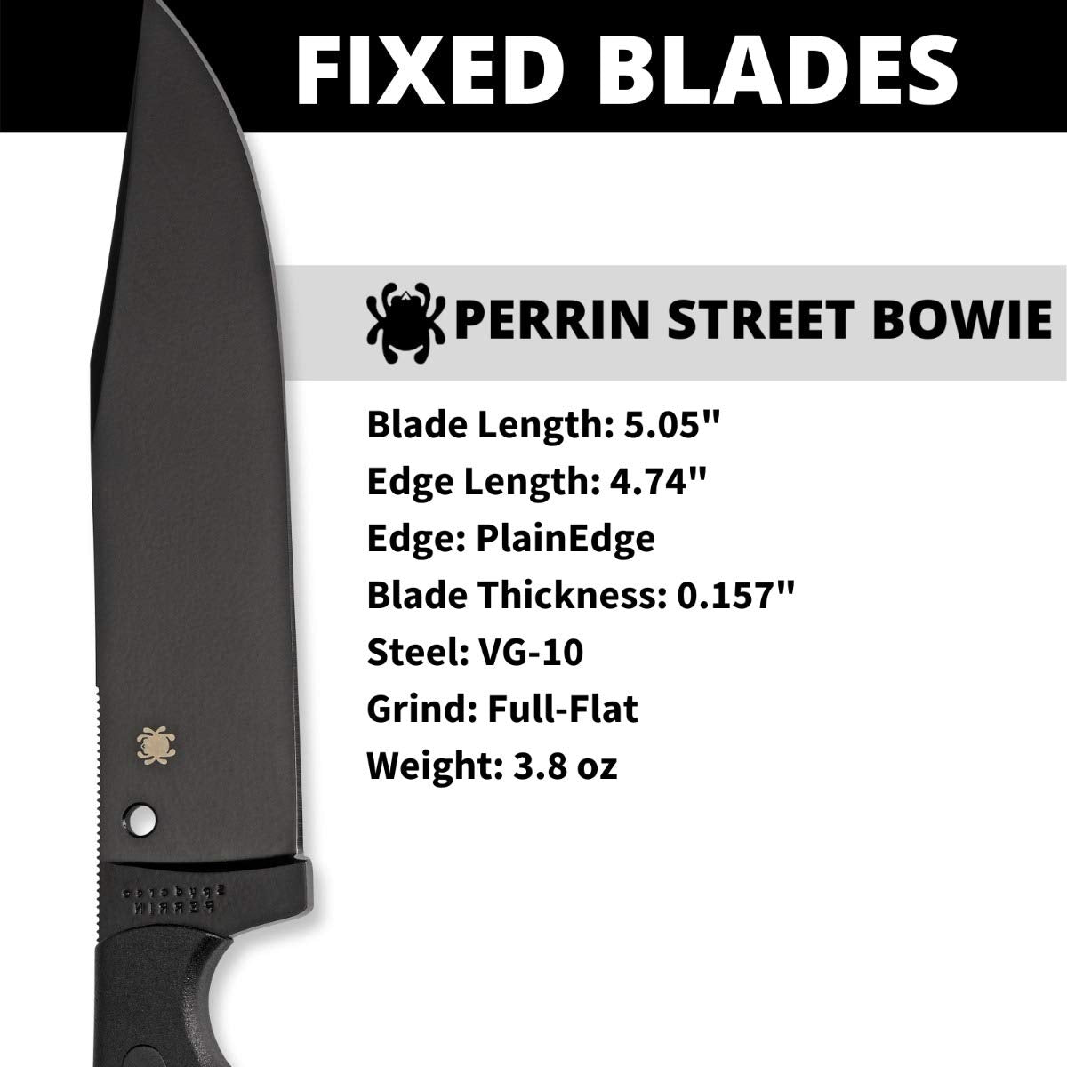 Spyderco Perrin Street Bowie Fixed Blade Utility Knife with 5.05" VG-10 Steel Black Blade and Premium Injection-Molded Polymer Sheath - Everyday Carry - PlainEdge - FB04PBB