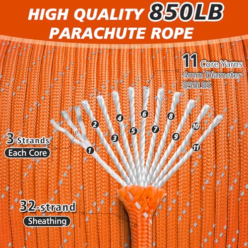 Reflective Paracord Rope 850LB - Heavy-Duty 100FT Orange