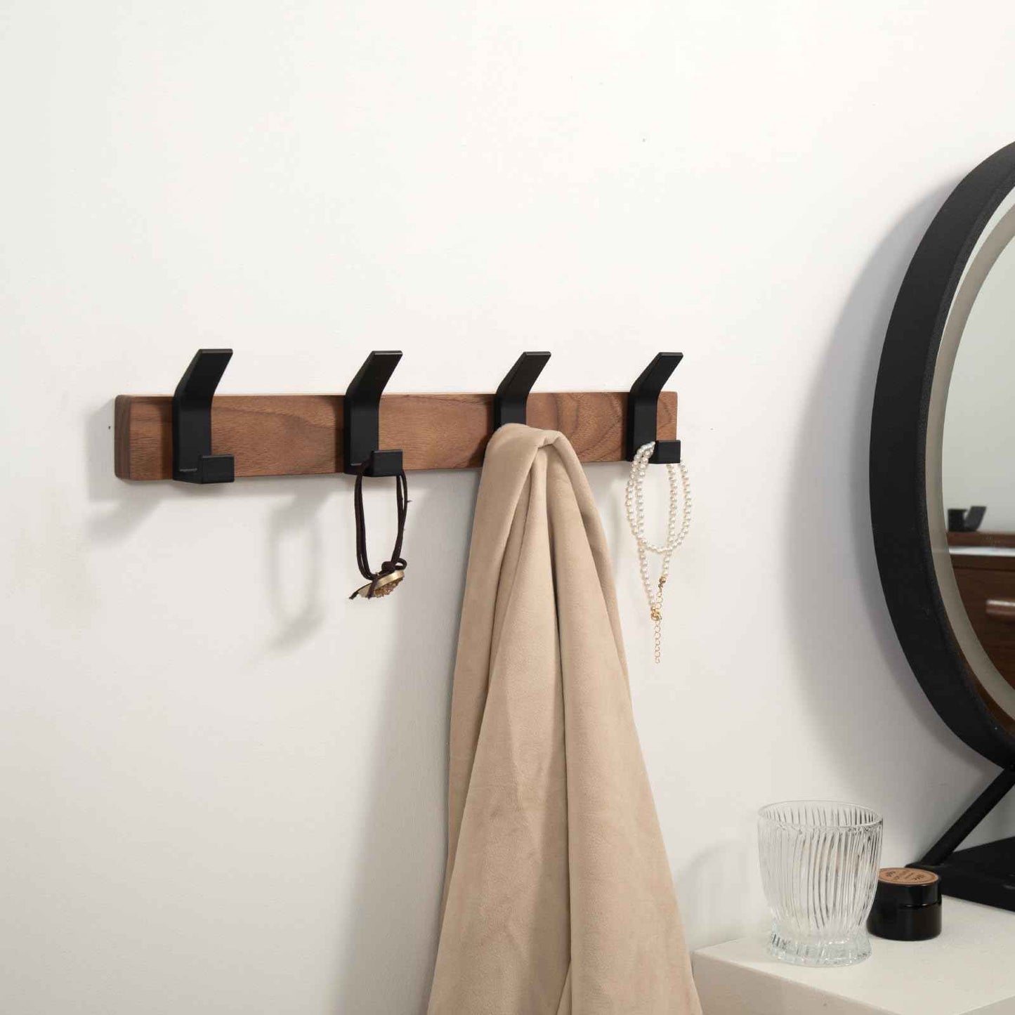Jadorn Coat Rack Wall Mount - 15.7 Inches Walnut Wood Coat Hooks Coat Rack Wall Mount with 4 Hooks Black Aluminum Coat Hooks for Hanging Coat Hat Bag Hat Rustproof Coat Hanger
