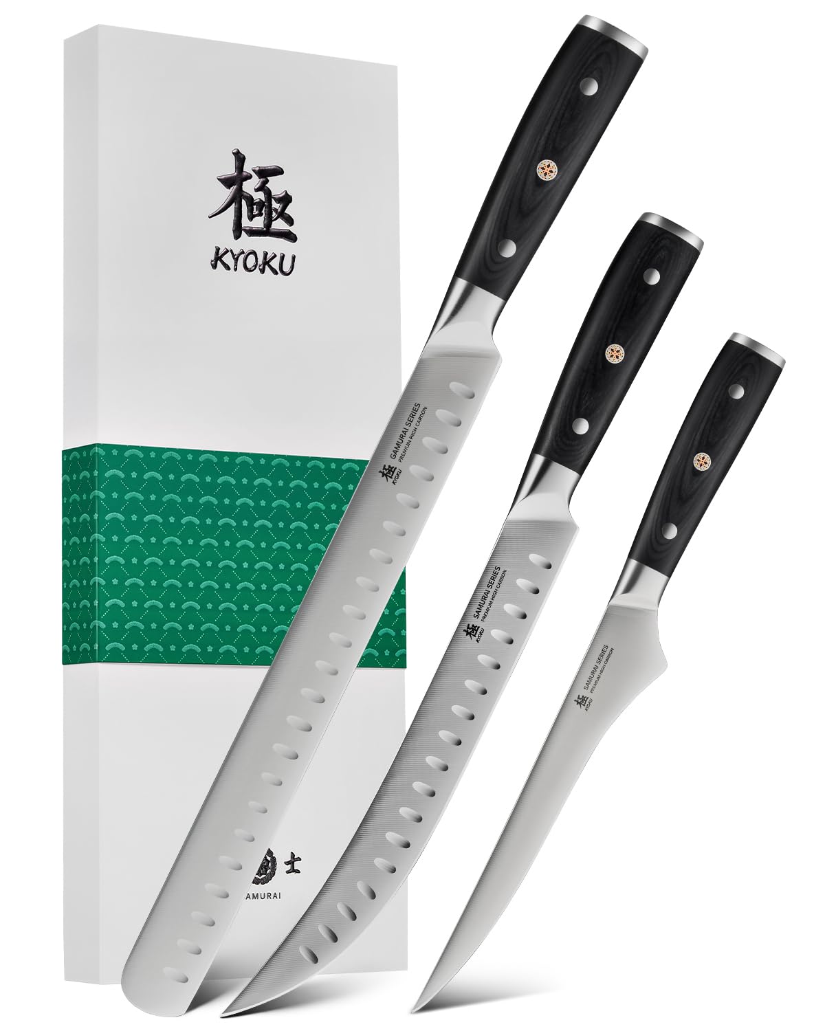 KYOKU 3pc Kitchen Knife Set, Samurai Series 6.5" Boning Knife 12" Slicing Knife 10" Butcher Knife Set, High Carbon Steel Japanese Knives with Pakkawood Handle Sheath for Meat Fruit Vegetable