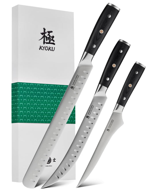 KYOKU 3pc Kitchen Knife Set, Samurai Series 6.5" Boning Knife 12" Slicing Knife 10" Butcher Knife Set, High Carbon Steel Japanese Knives with Pakkawood Handle Sheath for Meat Fruit Vegetable