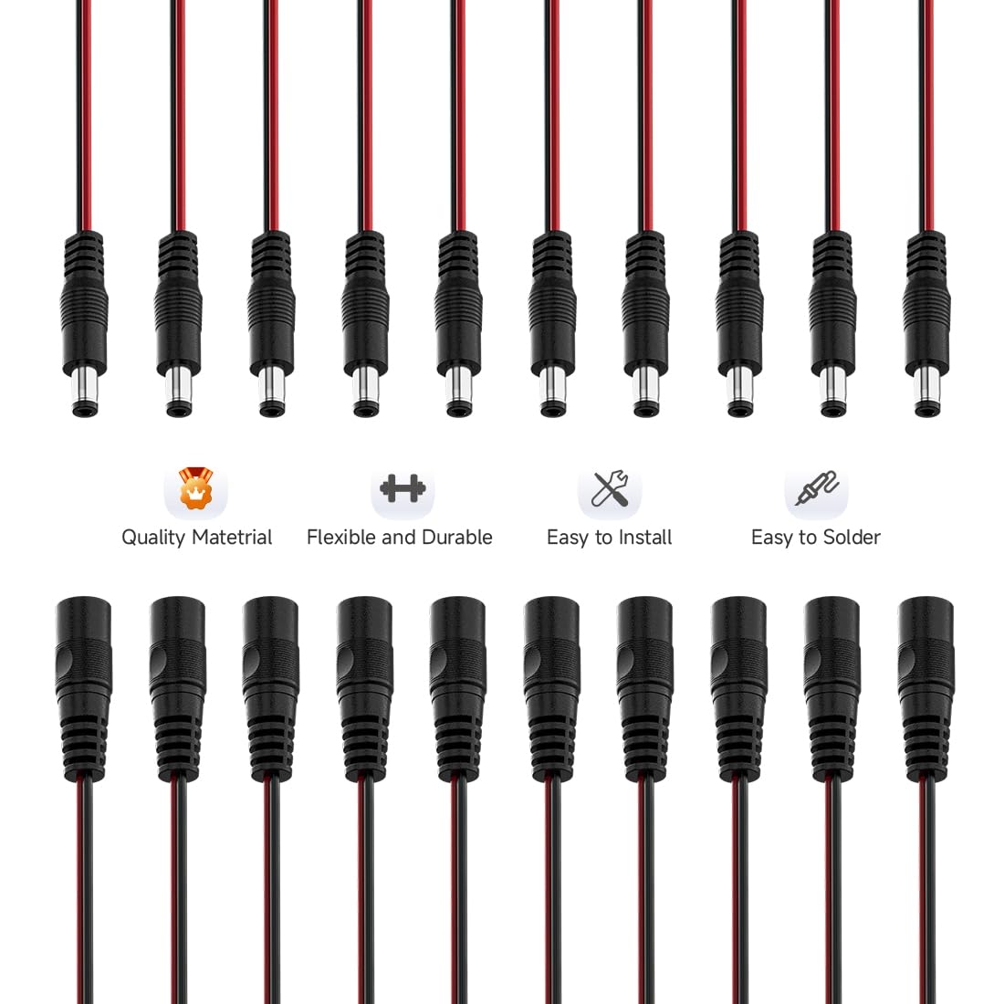 BTF-LIGHTING 10 Pairs 16cm 20AWG Barrel Plug Connector 5.5mm x 2.1mm Male/Female to Wire DC Power Pigtail Cable Connector Plug for 2PIN FCOB COB LED Strip Lights