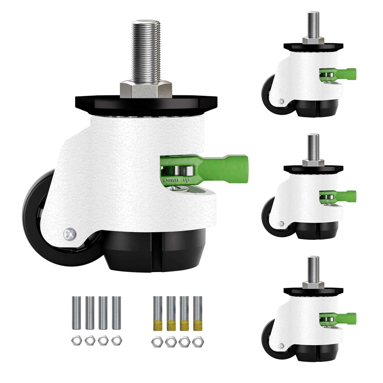 Heavy Duty Caster Wheels Set of 4, Leveling Stem Casters with Retractable Wheels 6600 Lbs Total Capacity, 1/2" & M12 Stem Sizes Adjustable with Ratchet Handle for Workbench, Machinery & Equipment