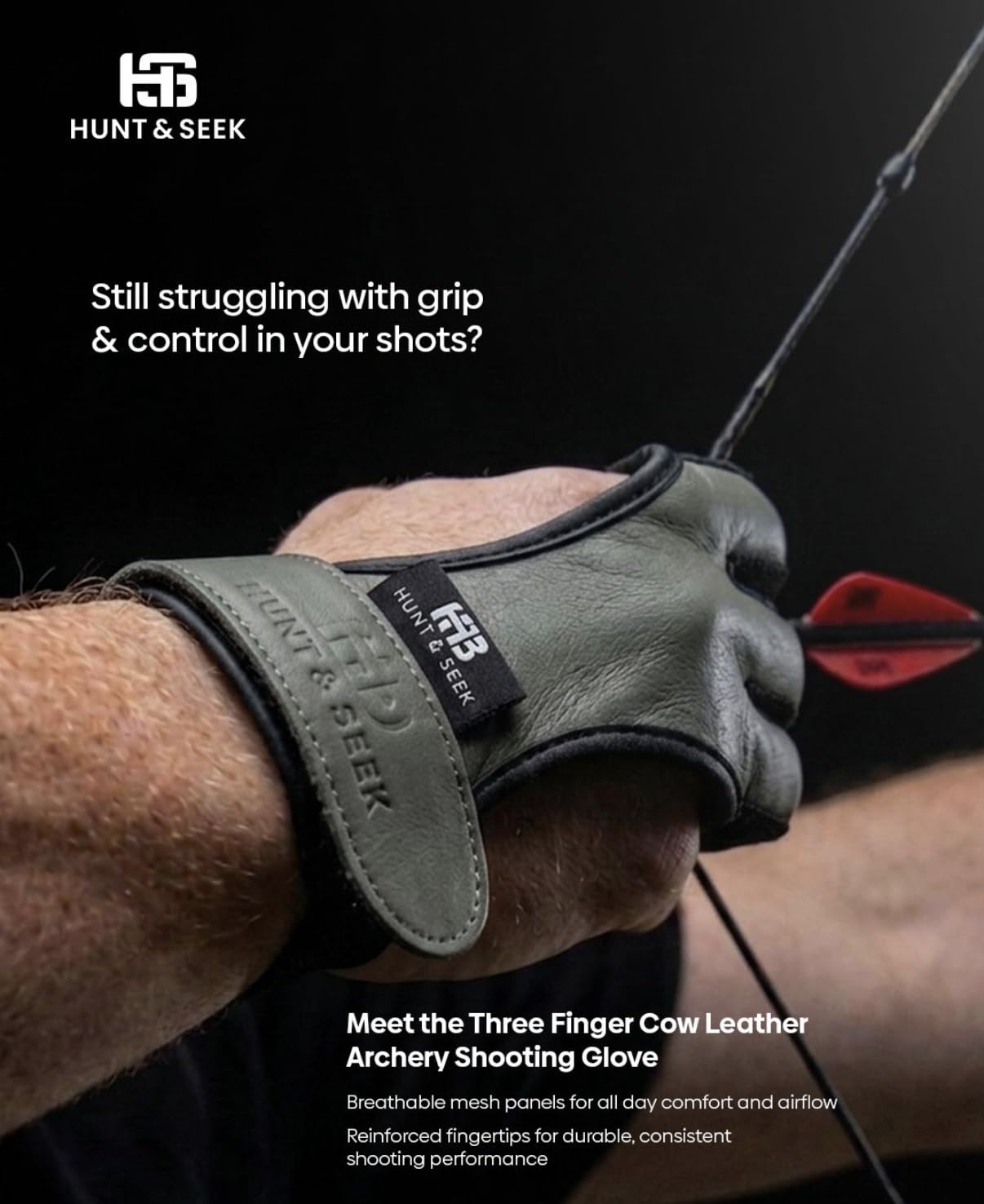 Hunt & Seek Cow Leather Thick Three Finger Archery Shooting Glove for Recurve & Compound Bow – Finger Tab Accessory (Black, Medium)