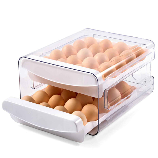 Luckore Egg Container Holders Dispenser for Refrigerator 40 Eggs, 2 Tier Clear Stackable Holder Tray with Drawer for Fridge, Storage Container with Handles for Refrigerator, Countertop