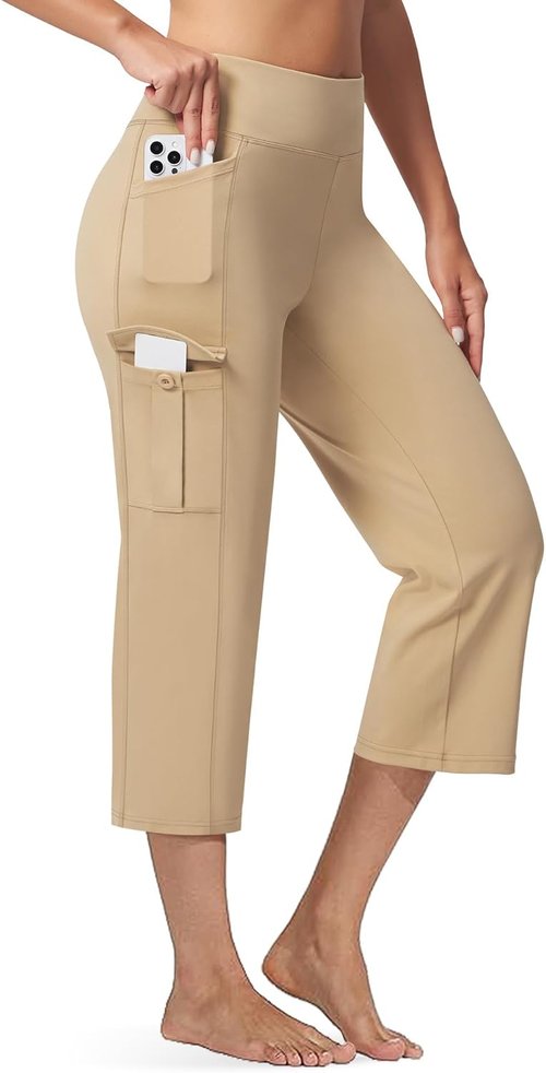 Casei Women's Yoga Capris - High Waisted Cargo Pants with Pockets | Casual Workout & Travel, 21" Length