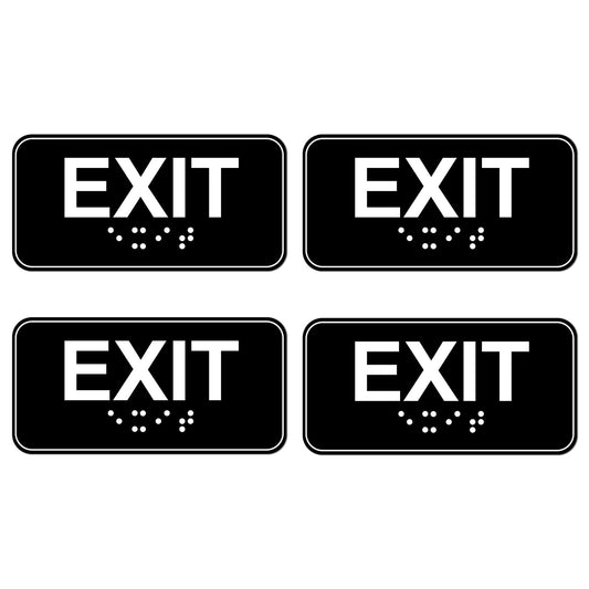 4pcs Exit Sign with Braille, 6x3in Emergency Exit Sign for Business ADA Compliant Plastic Exit Warning Signage with Adhesive Mounting Strips for Indoor Outdoor Office