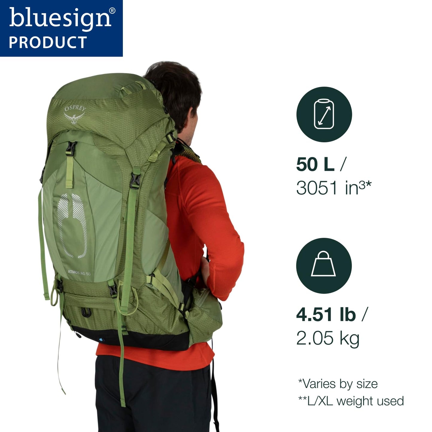 Osprey Atmos AG 50L Men's Backpacking Backpack, Mythical Green, S/M