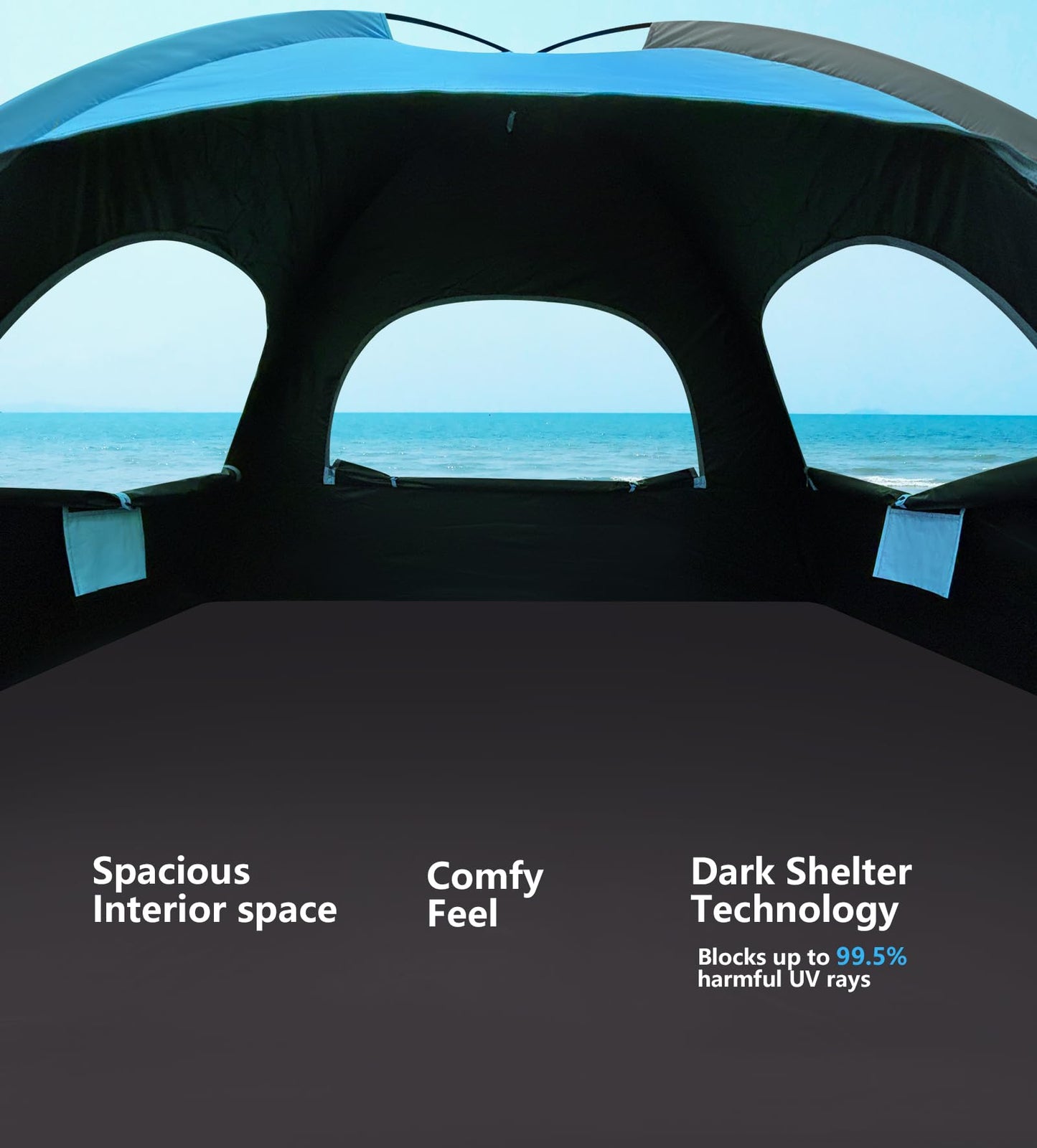 NXONE Beach Tent Sun Shade Shelter for 2-3 Person with UV Protection, Extended Floor, 3 Mesh Roll Up Windows & 8.0mm Fiberglass Rods丨Carry Bag Included (Dark Shelter-Ocean Blue)