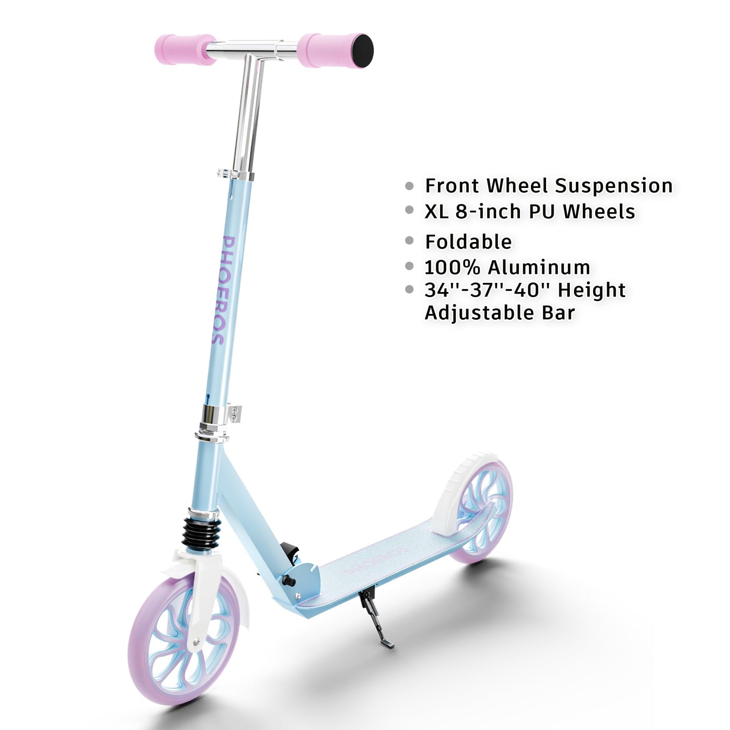PHOEROS Kick Scooter for Kids Ages 6-12,Teens & Adults, Youth. Lightweight Aluminum Kick Scooter for Teens Adults Boys Girls with 8 inch Big Wheels, Foldable, 3 Height Adjustable, Shock Absorption.