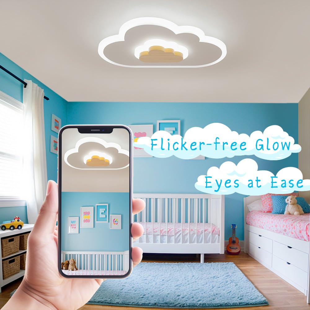LED Wood Cloud Cartoon Kids Ceiling Light 23.62in - 3000-6500K with Nightlight - Bedroom Nursery Lamps for Girls & Boys