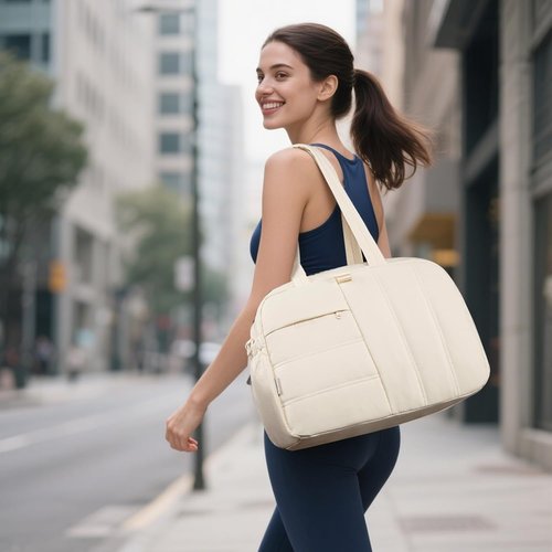 CAMTOP Gym Bag - Lightweight Water-Resistant Duffle with Yoga Mat Holder | 16-Inch Beige Travel Bag