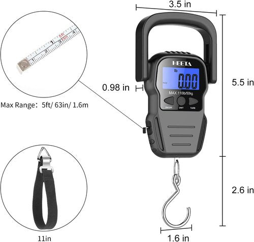 HEETA Digital Fish Scale - Backlit LCD Display, 110lb Capacity, Includes Hook & Measuring Tape