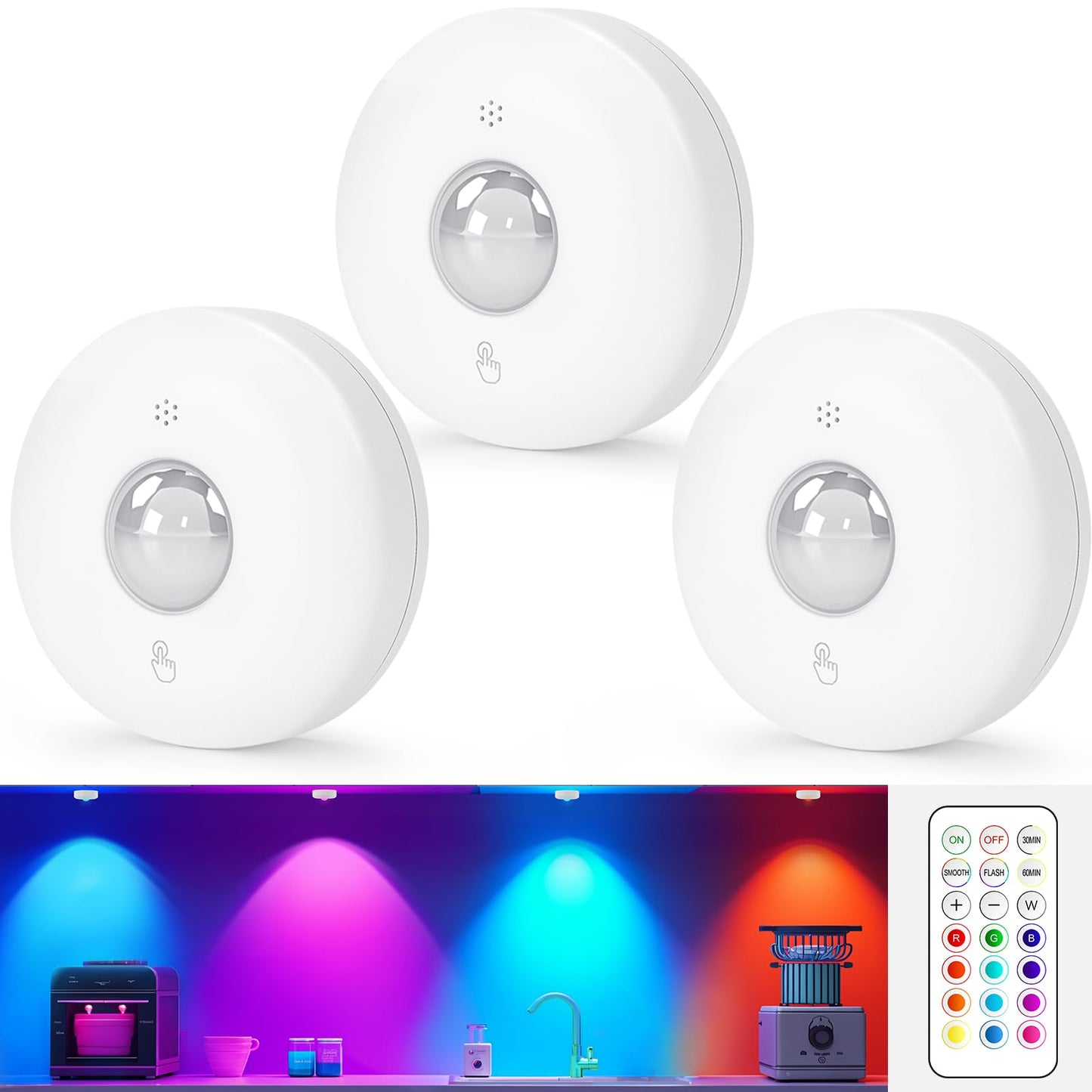 Aokpsrt LED Puck Lights with Remote Control, 13 Colors Battery Operated Tap Lights, Dimmer& Timer Magnetic Under Cabinet Light, Wireless Stick on Light for Closet, Bedroom, Kitchen White 3Pcs