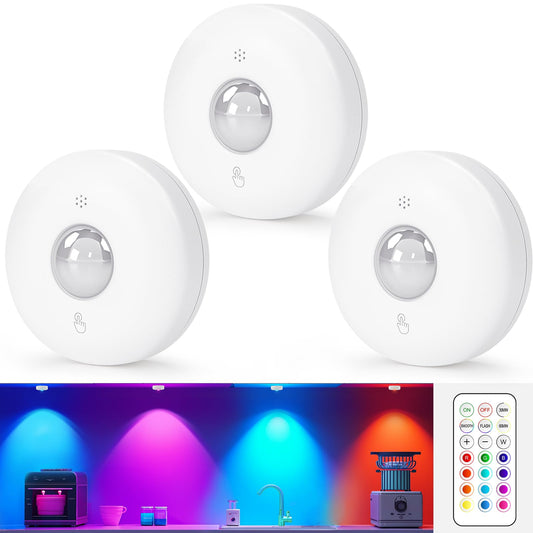 Aokpsrt LED Puck Lights with Remote Control, 13 Colors Battery Operated Tap Lights, Dimmer& Timer Magnetic Under Cabinet Light, Wireless Stick on Light for Closet, Bedroom, Kitchen White 3Pcs
