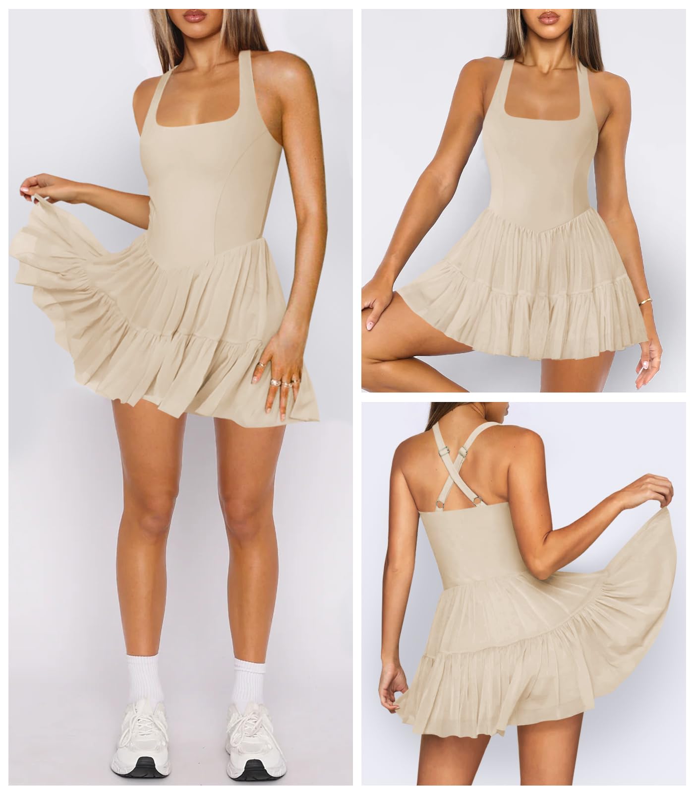 Hragc Women's Tennis Flowy Pleated Ruffle Athletic Dress for Women Halter Neck Sleeveless Mini Golf Dress with Shorts Pocket
