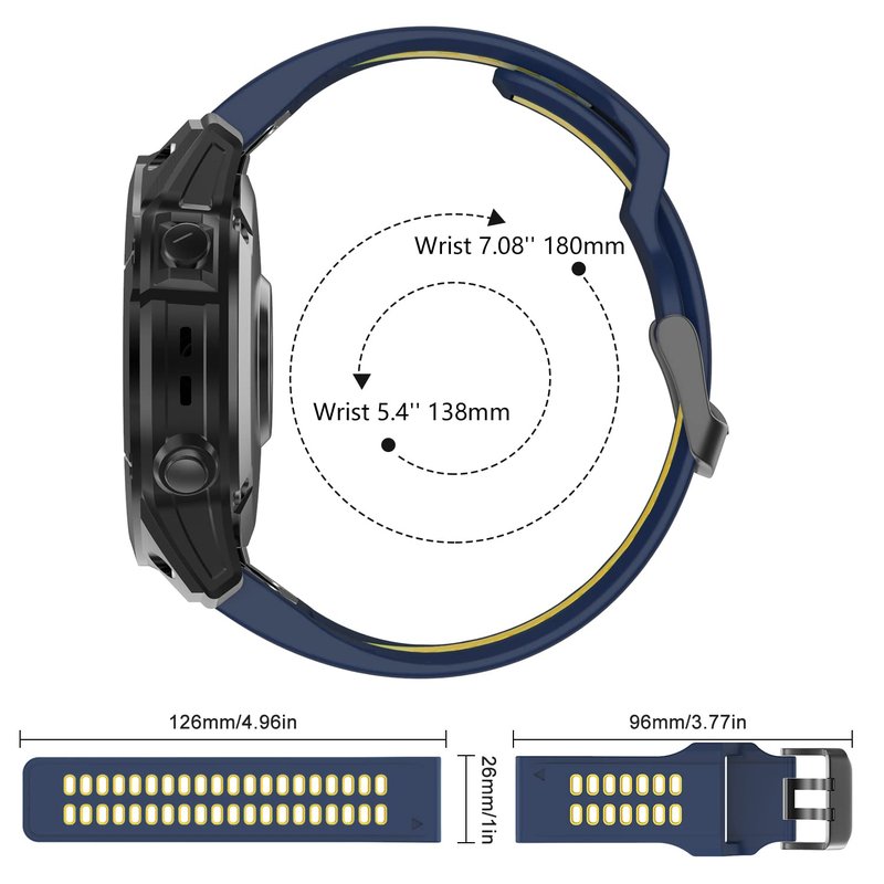 OVERSTEP Compatible Garmin Fenix 7X Band, 26mm Quick Release Silicone Strap for Fenix 6X/6X Pro/5X/5X Plus/3/3 HR Smartwatch (Dark Blue-Yellow)