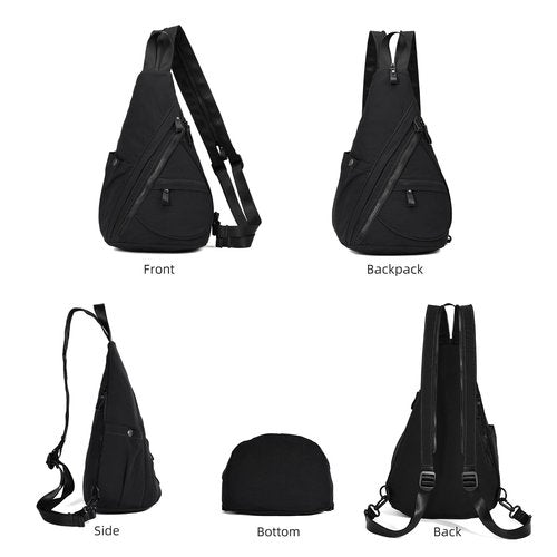 KL928 Crossbody Sling Backpack Nylon Cross Body Bag Travel Hiking Shoulder Bags Daypack Rucksack Unisex (Black)