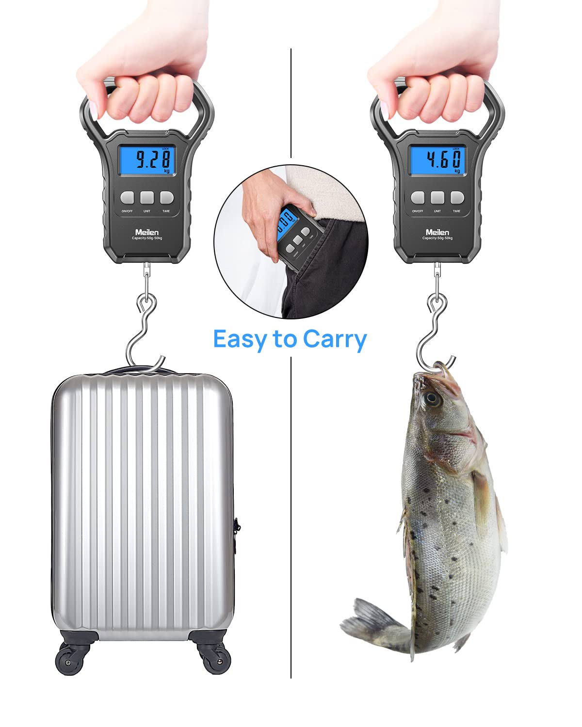 Meilen Fishing Scale - 110lb/50kg Digital Luggage Weigh Scale with Backlit LCD Display | Ideal for Travel