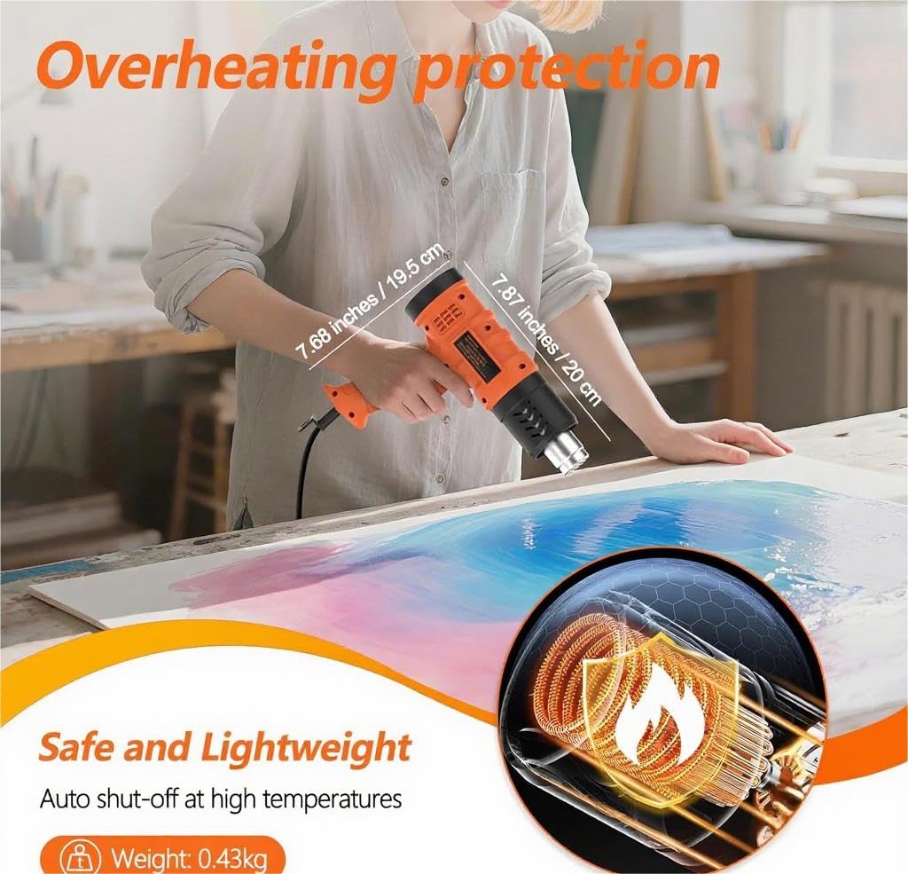 Heat Gun 1850W 1.5s Fast Heat Heavy Duty Hot Air Gun Good Temp Control 122℉-1112℉(50-600℃）Overheat Protection 2 Speed with 4 Nozzles for DIY Craft Shrink PVC Tubing Vinyl Wrap Stripping Paint Resin