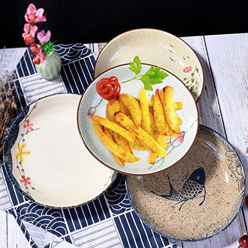 Ceramic Dinner Plate Set of 4, 8'' Salad Plates with Floral & Fish