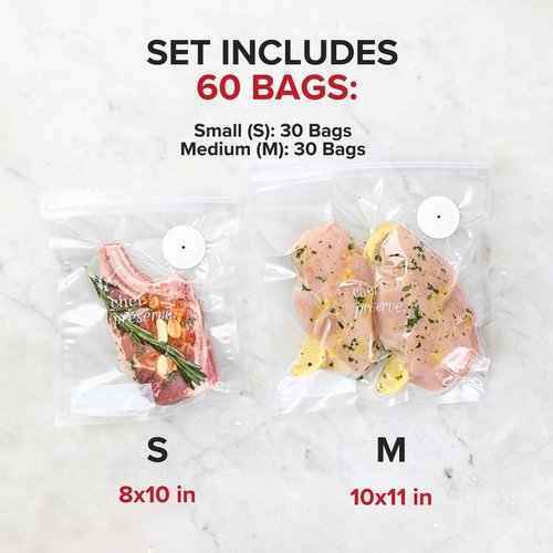 Chef Preserve Reusable Vacuum Sealer Bags - 60 BPA-Free Food Storage Bags | Odor-Resistant & Leak-Proof