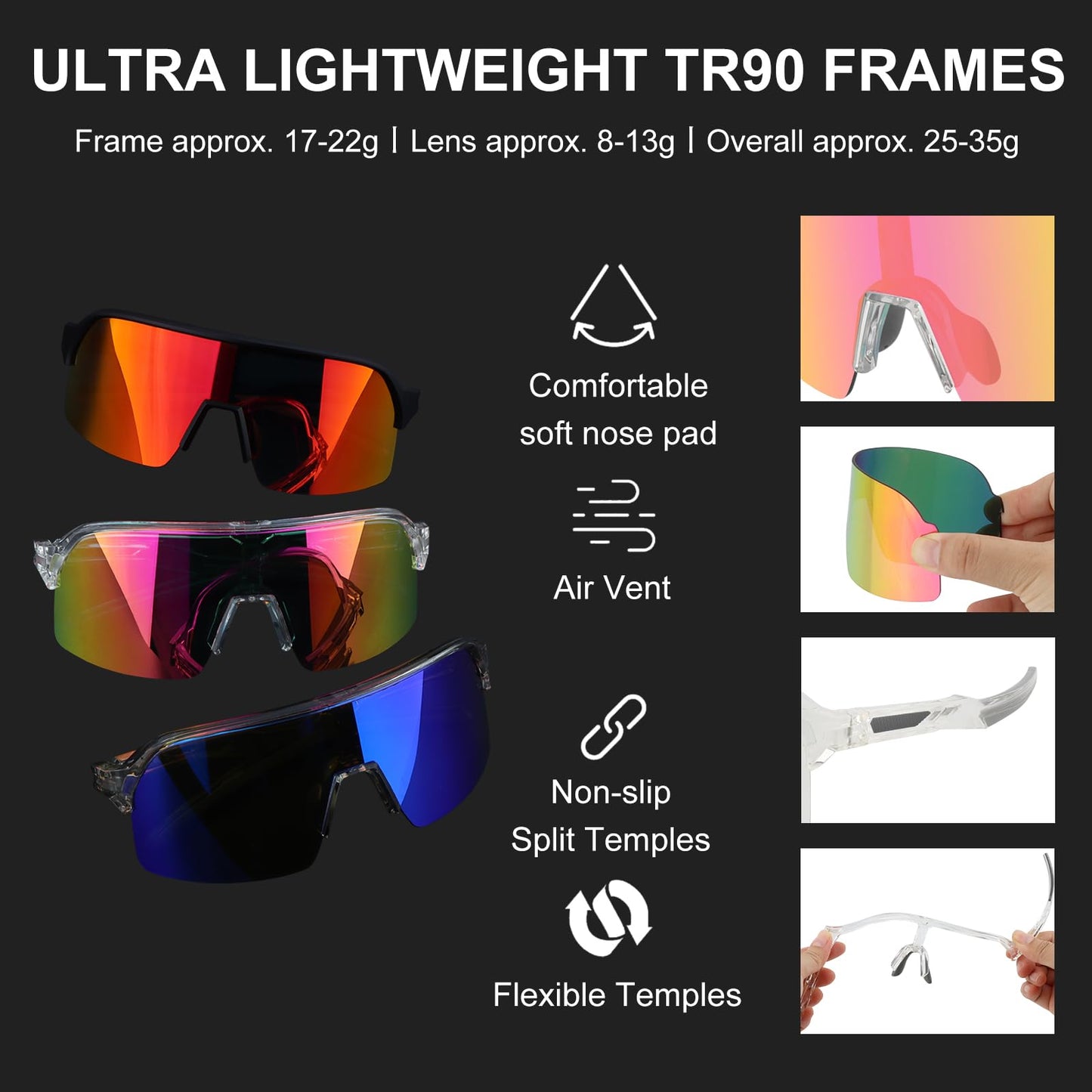 ToopMount Cycling Sunglasses with 3 Interchangeable Lenses, UV 400 Protection Coating Glasses of Semi Rimless TR90 Frame, Polarized Sport Glasses for Baseball Hiking, Athletic Sunglasses Men Women