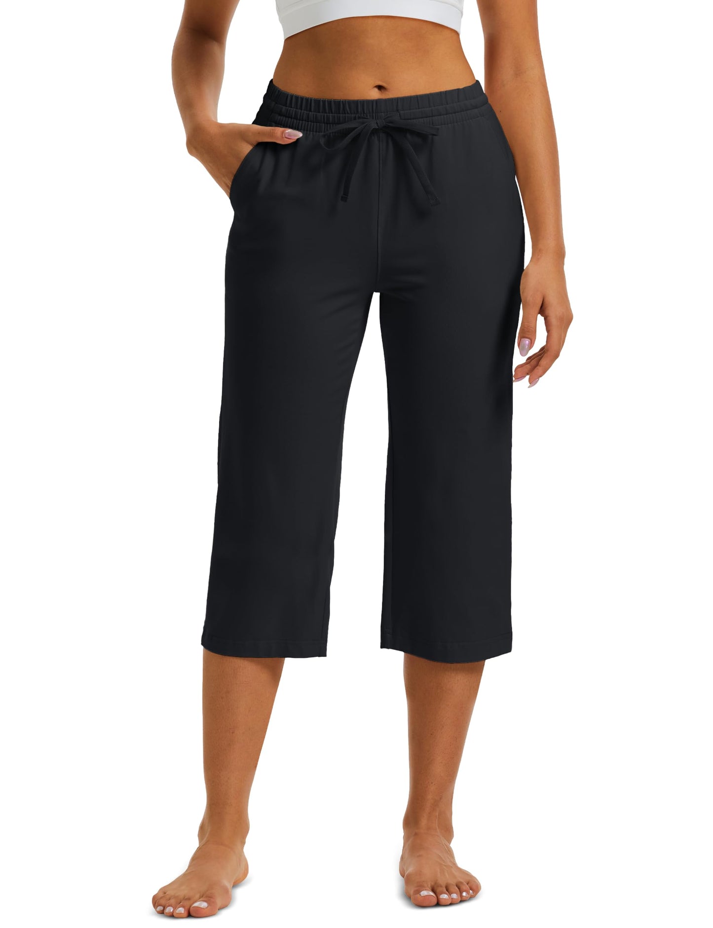 MAGCOMSEN Women's Cotton Capri Pants with 5 Pockets Stretch Summer Capris Yoga Workout Athletic Sweatpants Spandex Black XL