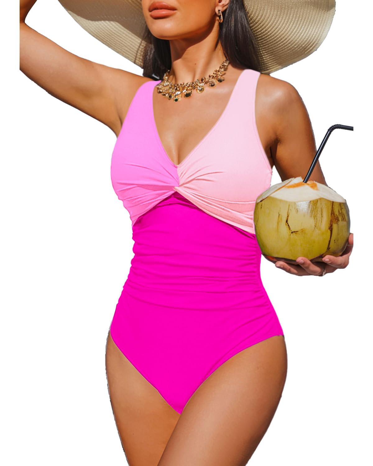 Holipick Rose Pink Women Tummy Control One Piece Swimsuit - Push Up Bathing Suit Full Coverage Slimming Swimwear XL