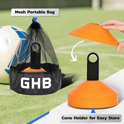 GHB Soccer Cones - Agility Training Field Markers | 25/50/100 Pack with Cone Drills Guide