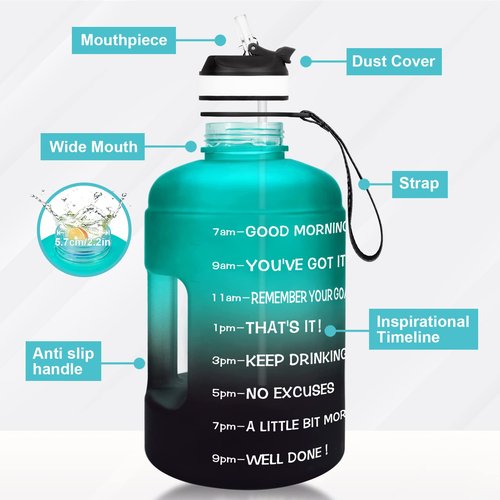 BuildLife Gallon Water Bottle with Straw - 128oz Large Water Bottles with Times to Drink More Daily - BPA Free Motivational Water Bottle 1 Gallon for Sports(Green Black,1 Gallon)