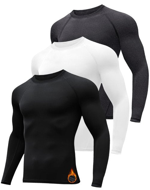 HovSiyla 3 Pack Men's Thermal Underwear Shirts Compression Fleece Lined Long Sleeve Athletic Base Layer Cold Weather Black Grey White L