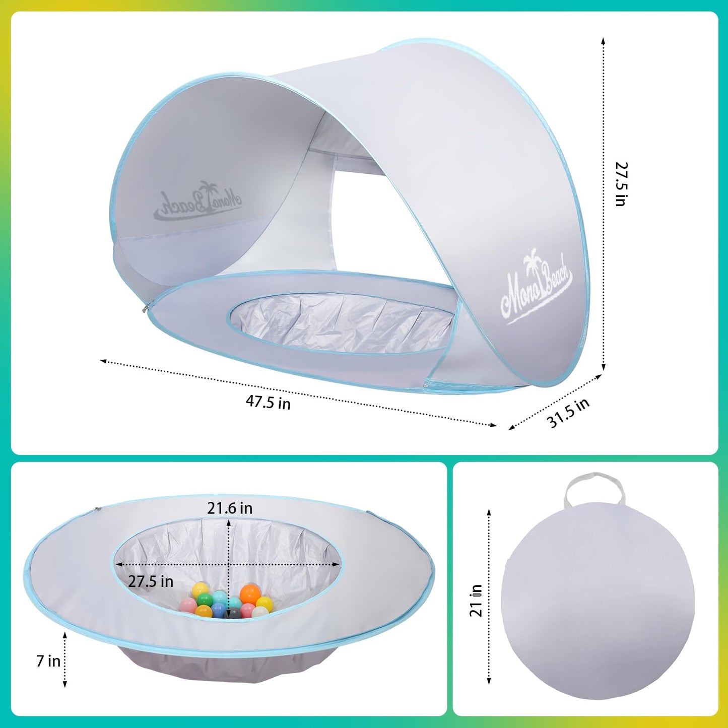 Monobeach Baby Beach Tent Pop Up Portable Shade Pool UPF50+ UV Protection Sun Shelter for Infant with Easy Set Up Canopy (Silver Beach Tent)