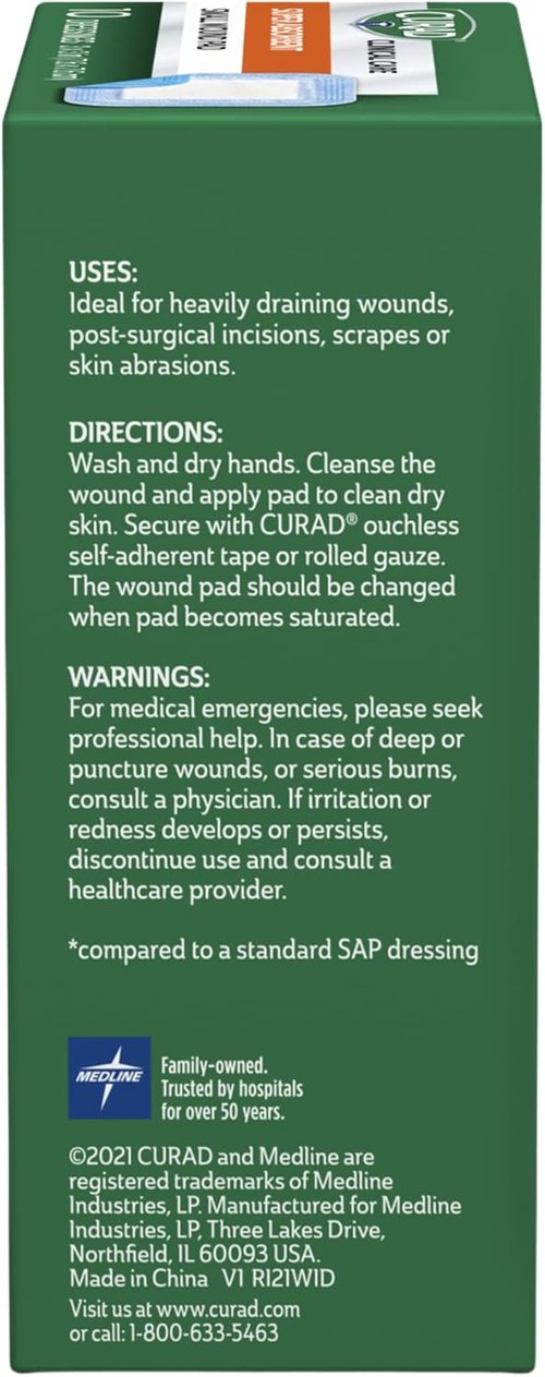 Curad Super Absorbent Wound Pads - Medium Size 4" x 4" | 10 Count for Maximum Protection