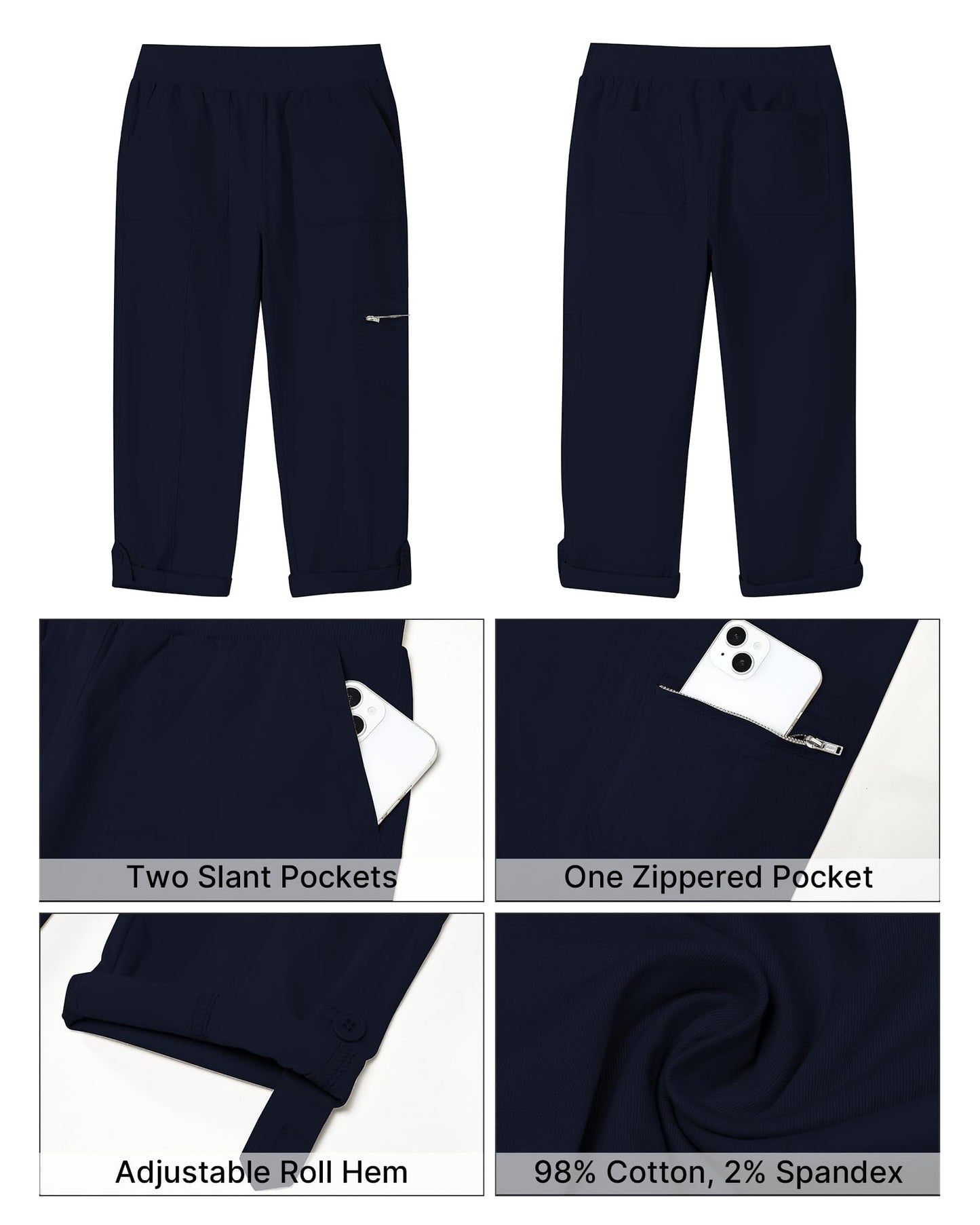 GRAPENT Travel Pants Women Ladies Pants Pull On Elastic Waist Ladies Capris Summer Casual Utility Cargos for Women Womens Comfy Cropped Trousers Zipped Pockets Color Navy Blue X-Large Size 16 to 18
