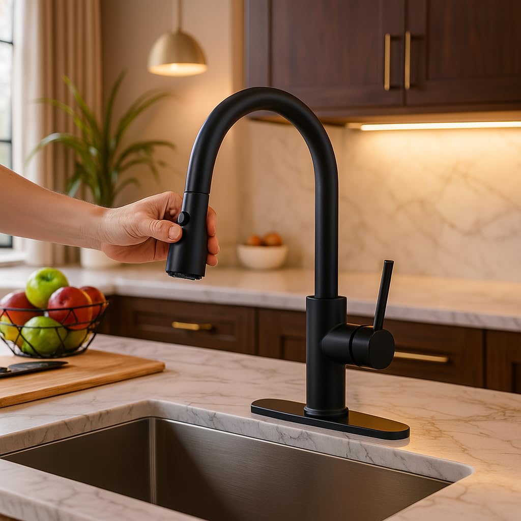 INDARE Matte Black Kitchen Faucet with Pull-Down Sprayer, High Arc Single Handle Stainless Steel Deck Mount Faucet, 1 or 3 Hole Deck Plate Included for Farmhouse Camper Laundry RV Bar